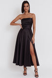 Black Satin Ruched A-Line Strapless Midi Cocktail Dress with Slit