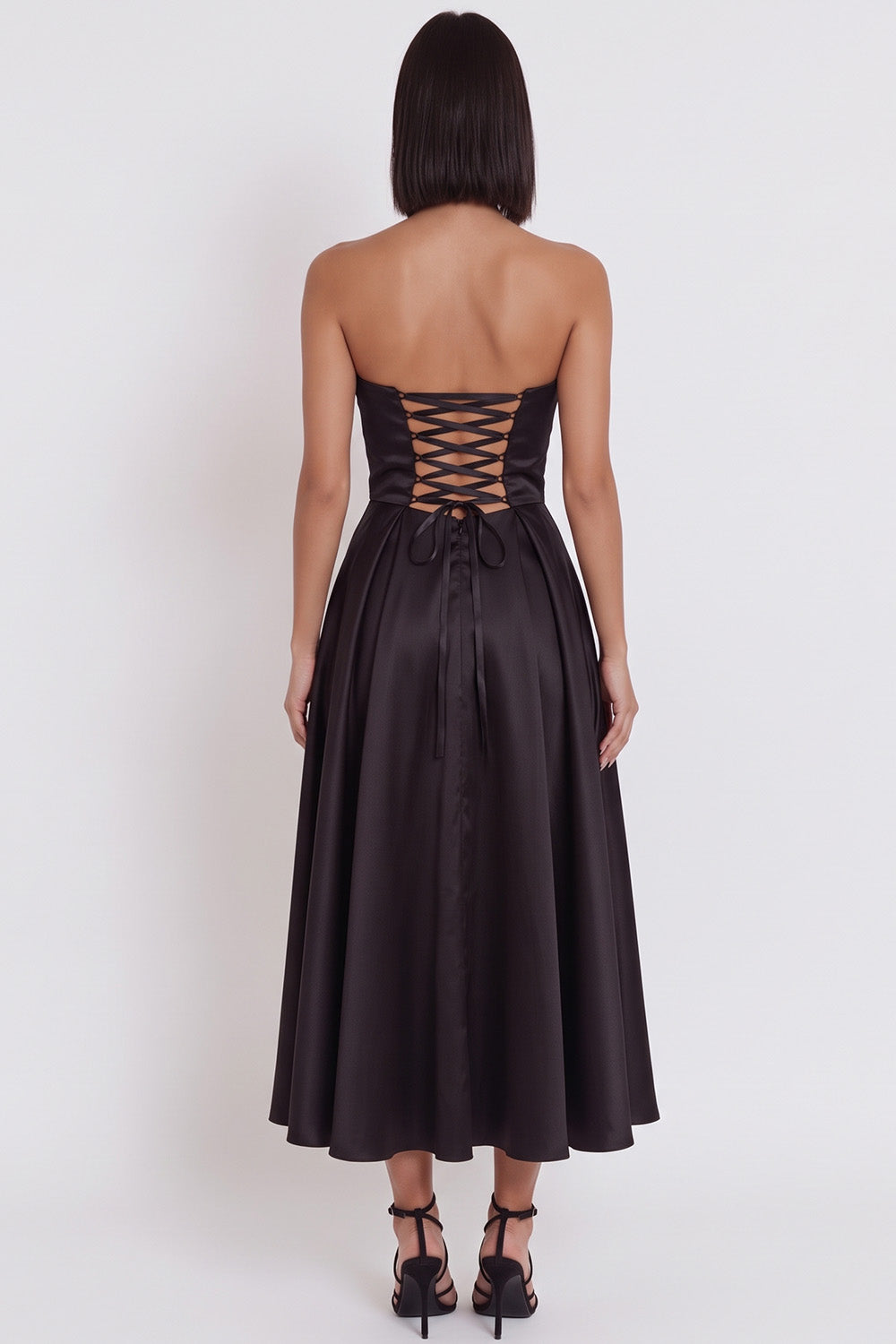 Black Satin Ruched A-Line Strapless Midi Cocktail Dress with Slit