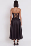 Black Satin Ruched A-Line Strapless Midi Cocktail Dress with Slit