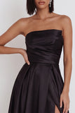 Black Satin Ruched A-Line Strapless Midi Cocktail Dress with Slit