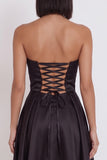 Black Satin Ruched A-Line Strapless Midi Cocktail Dress with Slit
