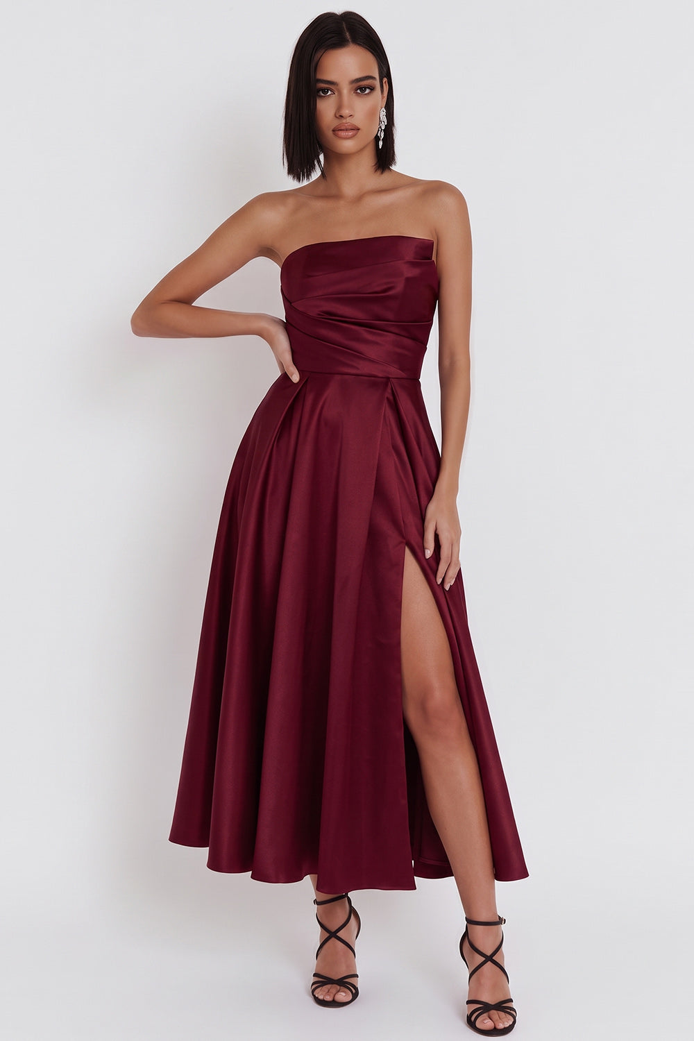 Black Satin Ruched A-Line Strapless Midi Cocktail Dress with Slit