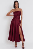 Black Satin Ruched A-Line Strapless Midi Cocktail Dress with Slit