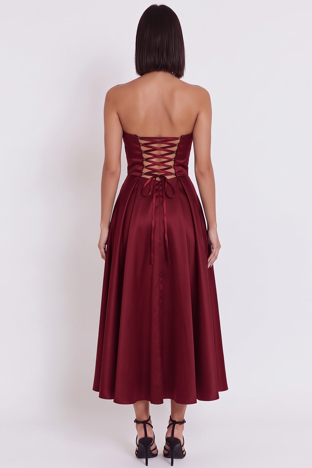 Black Satin Ruched A-Line Strapless Midi Cocktail Dress with Slit