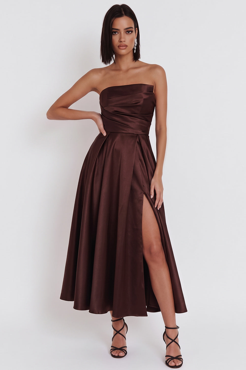 Black Satin Ruched A-Line Strapless Midi Cocktail Dress with Slit