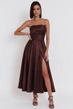 Black Satin Ruched A-Line Strapless Midi Cocktail Dress with Slit