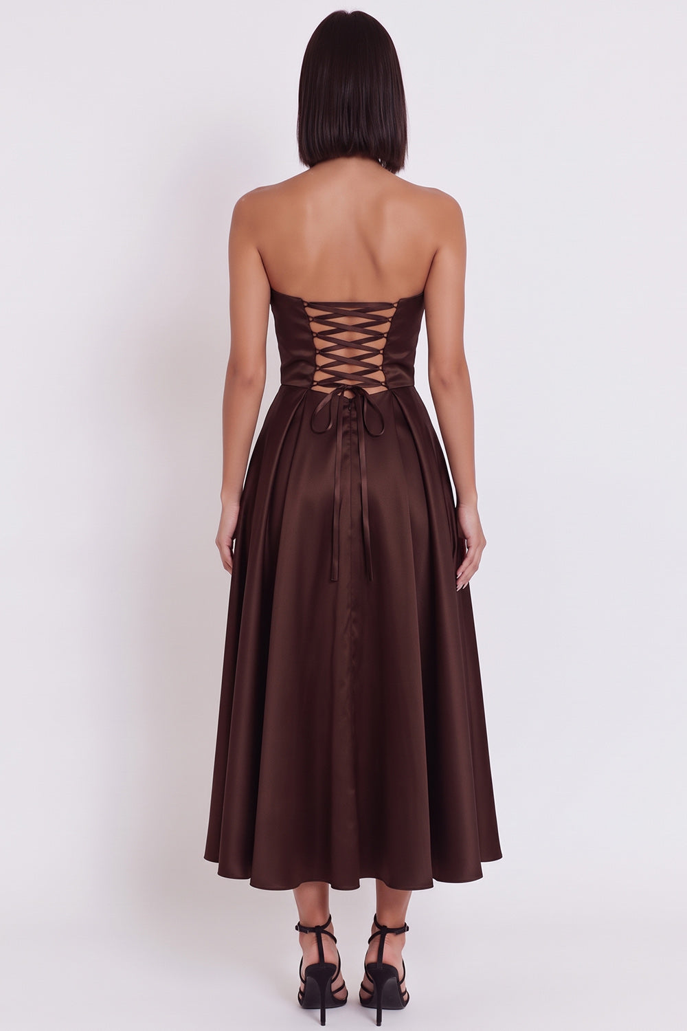 Black Satin Ruched A-Line Strapless Midi Cocktail Dress with Slit