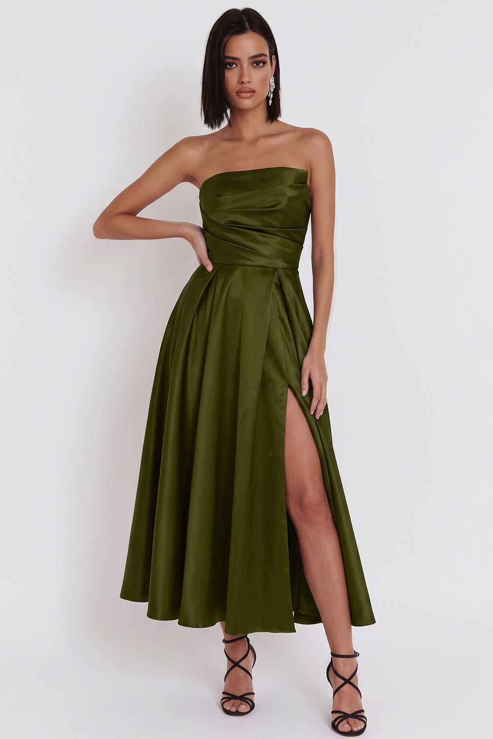 Black Satin Ruched A-Line Strapless Midi Cocktail Dress with Slit