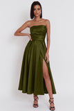 Black Satin Ruched A-Line Strapless Midi Cocktail Dress with Slit