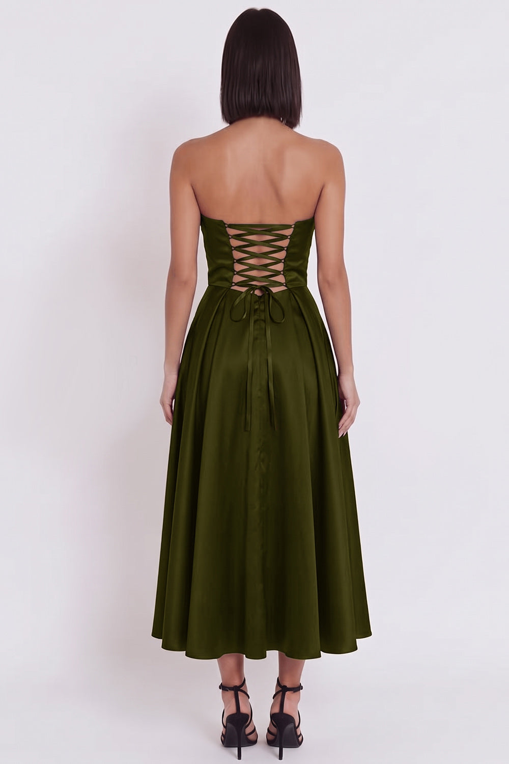 Black Satin Ruched A-Line Strapless Midi Cocktail Dress with Slit