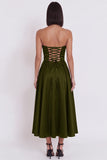 Black Satin Ruched A-Line Strapless Midi Cocktail Dress with Slit