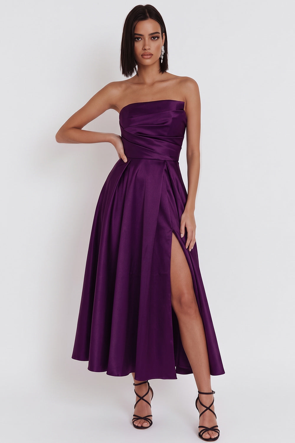 Black Satin Ruched A-Line Strapless Midi Cocktail Dress with Slit