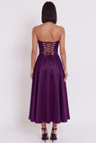 Black Satin Ruched A-Line Strapless Midi Cocktail Dress with Slit