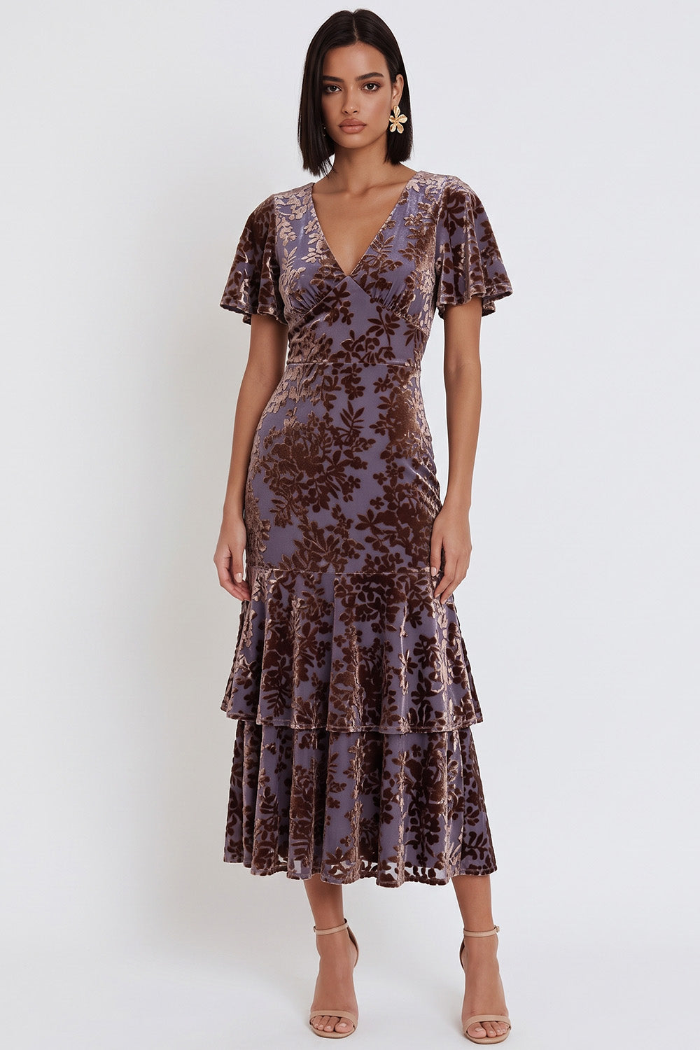 Plum Floral Velvet V-Neck Tiered Flutter Sleeves Midi Cocktail Dress