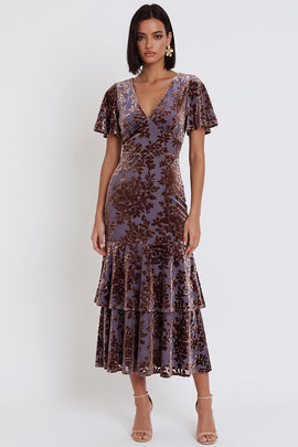 Plum Floral Velvet V-Neck Tiered Flutter Sleeves Midi Cocktail Dress