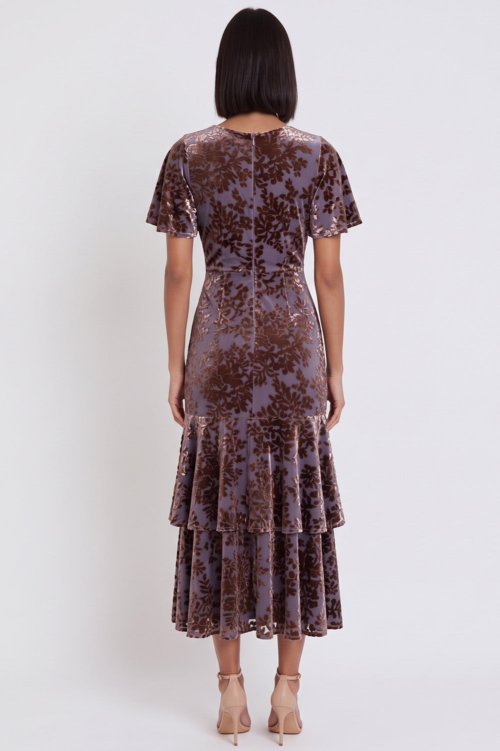 Plum Floral Velvet V-Neck Tiered Flutter Sleeves Midi Cocktail Dress