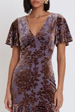 Plum Floral Velvet V-Neck Tiered Flutter Sleeves Midi Cocktail Dress