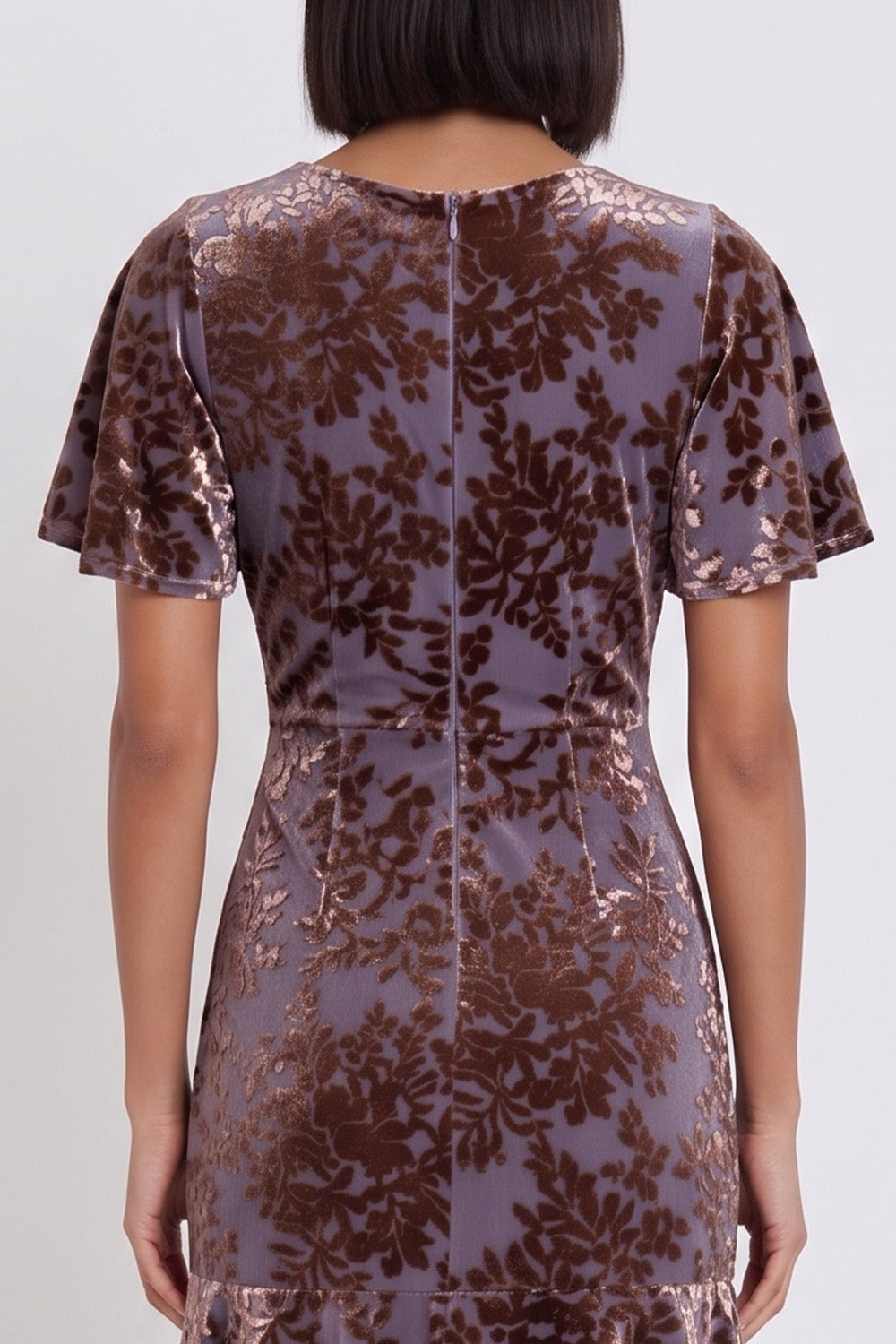 Plum Floral Velvet V-Neck Tiered Flutter Sleeves Midi Cocktail Dress