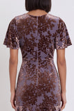 Plum Floral Velvet V-Neck Tiered Flutter Sleeves Midi Cocktail Dress
