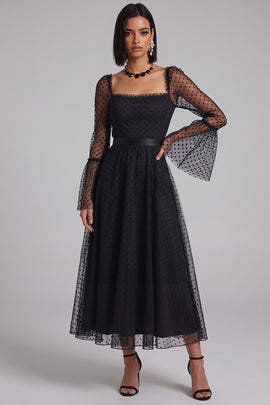 Black Polka Dots A-Line Tulle Flare Sleeves Midi Cocktail Dress