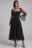 Black Polka Dots A-Line Tulle Flare Sleeves Midi Cocktail Dress