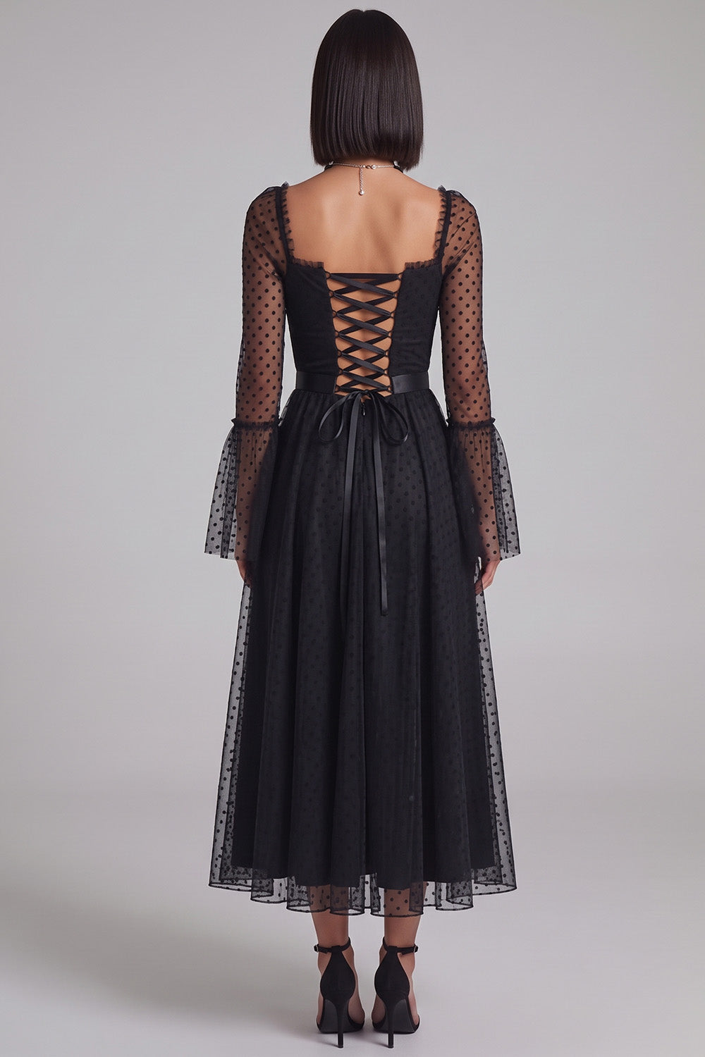 Black Polka Dots A-Line Tulle Flare Sleeves Midi Cocktail Dress