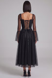 Black Polka Dots A-Line Tulle Flare Sleeves Midi Cocktail Dress