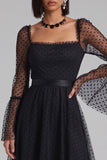 Black Polka Dots A-Line Tulle Flare Sleeves Midi Cocktail Dress