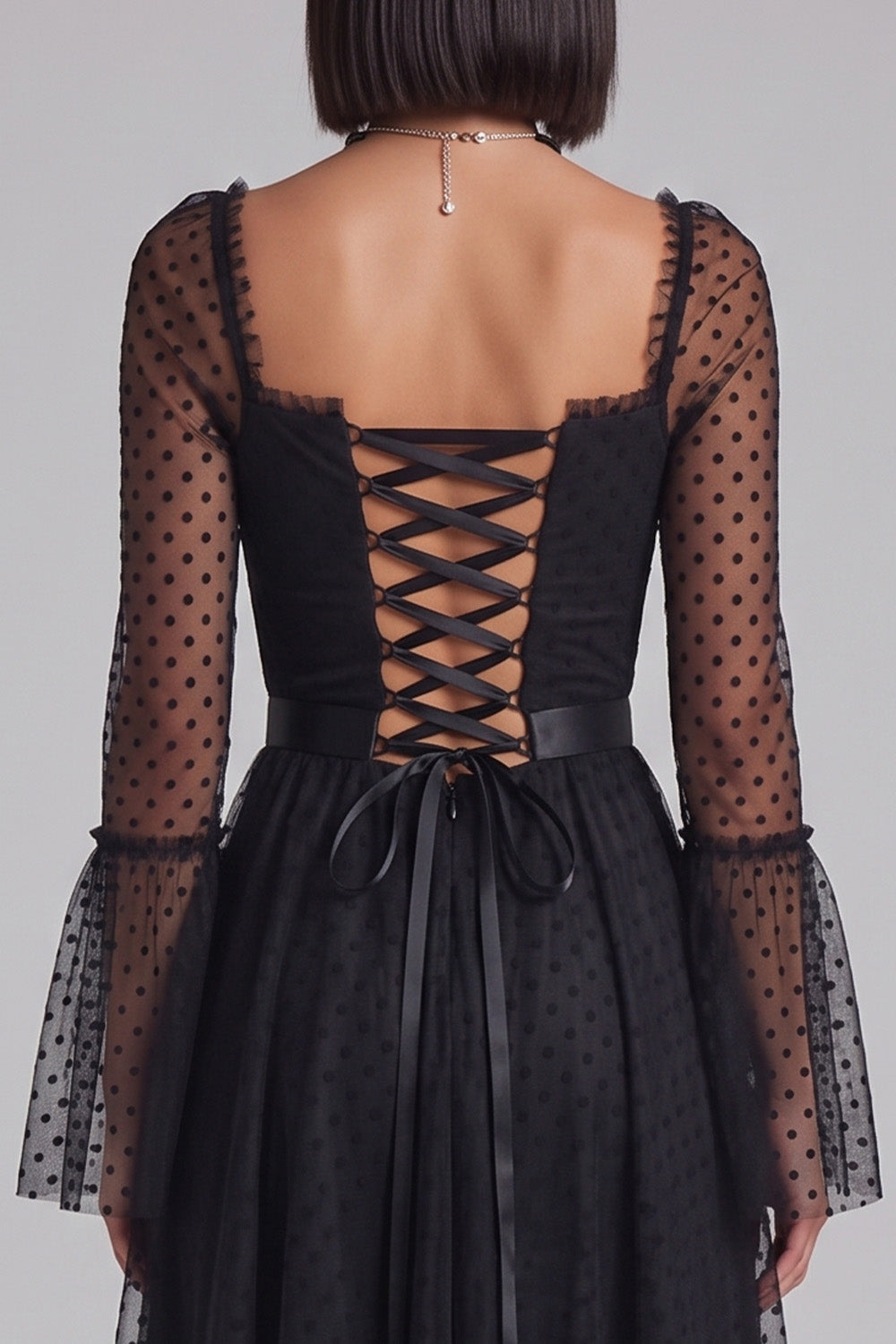 Black Polka Dots A-Line Tulle Flare Sleeves Midi Cocktail Dress