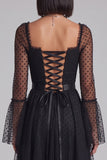 Black Polka Dots A-Line Tulle Flare Sleeves Midi Cocktail Dress