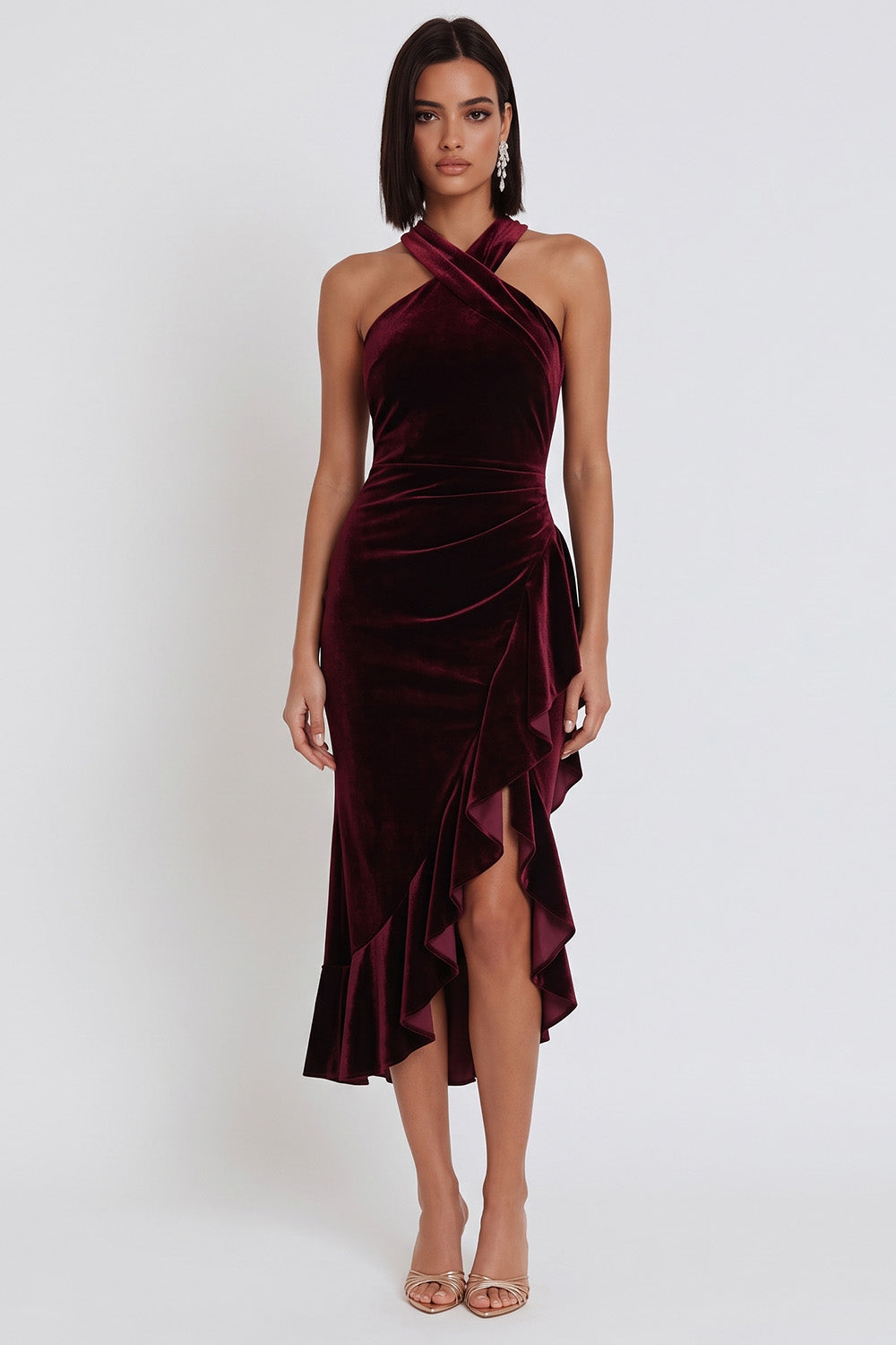 Burgundy Velvet Halter Ruched Ruffled Midi Cocktail Dress with Slit