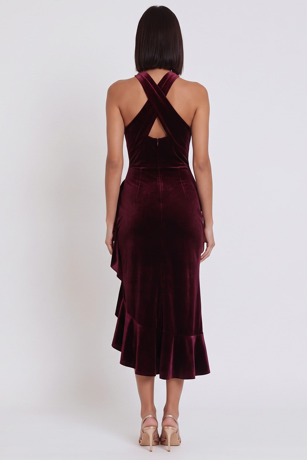 Burgundy Velvet Halter Ruched Ruffled Midi Cocktail Dress with Slit