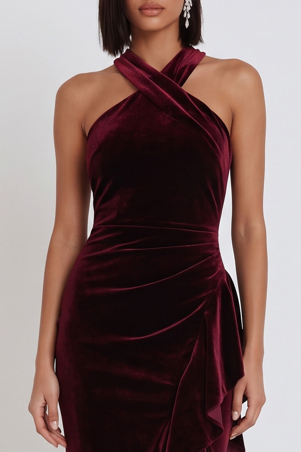 Burgundy Velvet Halter Ruched Ruffled Midi Cocktail Dress with Slit