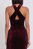Burgundy Velvet Halter Ruched Ruffled Midi Cocktail Dress with Slit