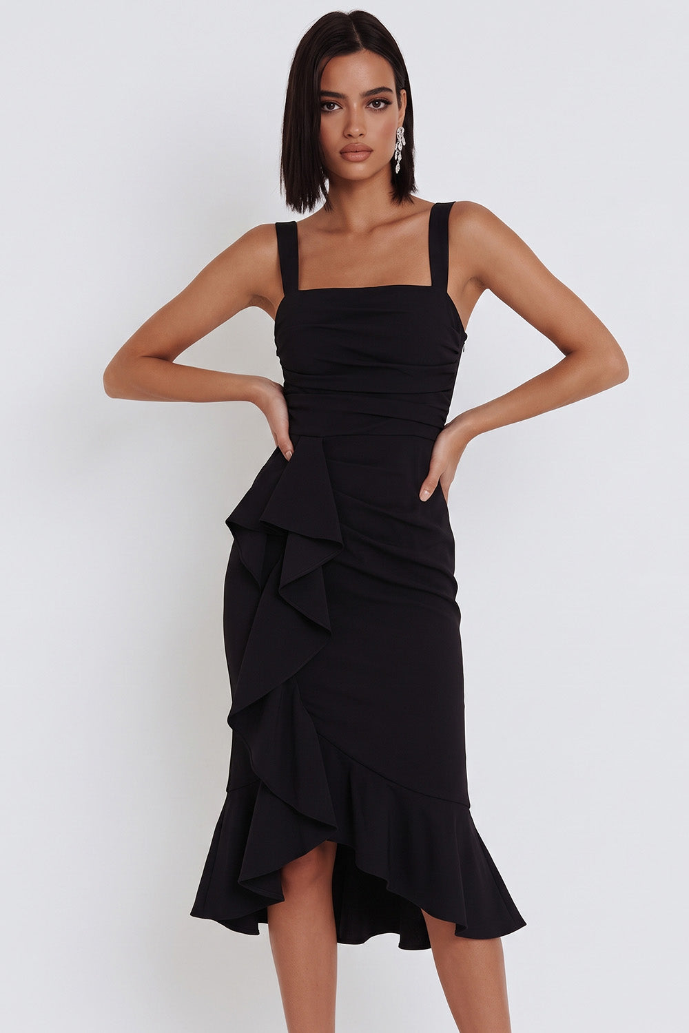 Black Bodycon Square Neck Ruched Midi Cocktail Dress with Ruffles