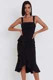 Black Bodycon Square Neck Ruched Midi Cocktail Dress with Ruffles