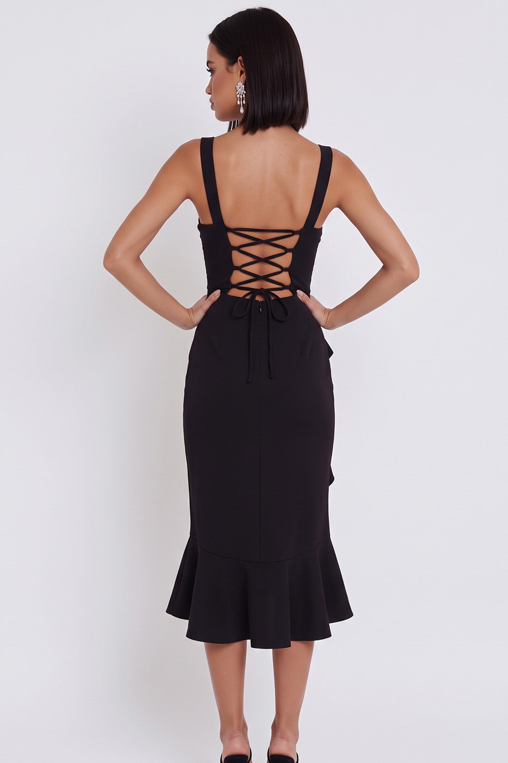 Black Bodycon Square Neck Ruched Midi Cocktail Dress with Ruffles