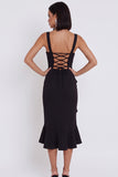 Black Bodycon Square Neck Ruched Midi Cocktail Dress with Ruffles