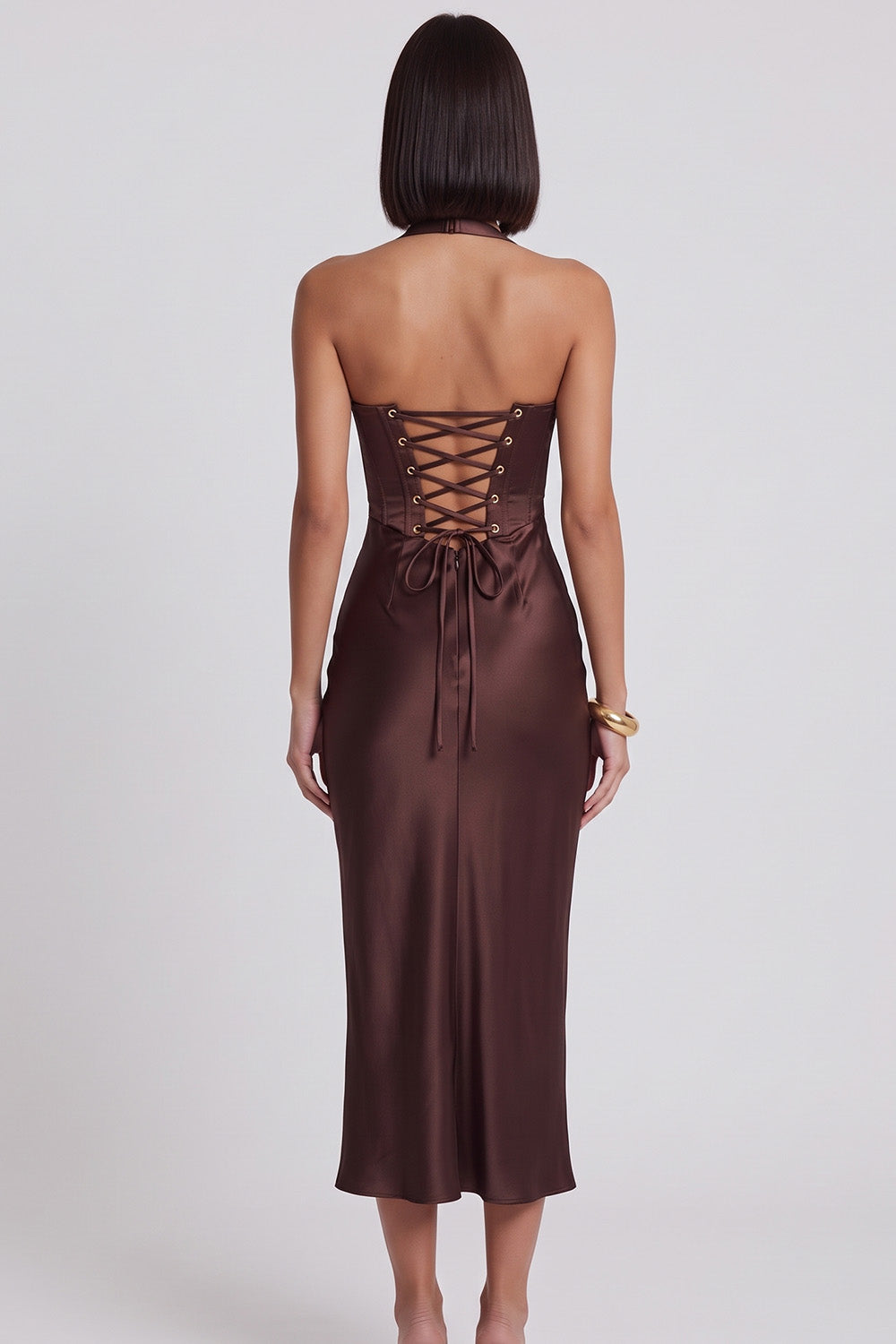 Dark Brown Corset Satin Halter Sheath Midi Cocktail Dress