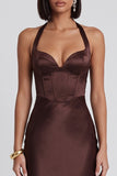 Dark Brown Corset Satin Halter Sheath Midi Cocktail Dress