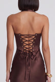 Dark Brown Corset Satin Halter Sheath Midi Cocktail Dress