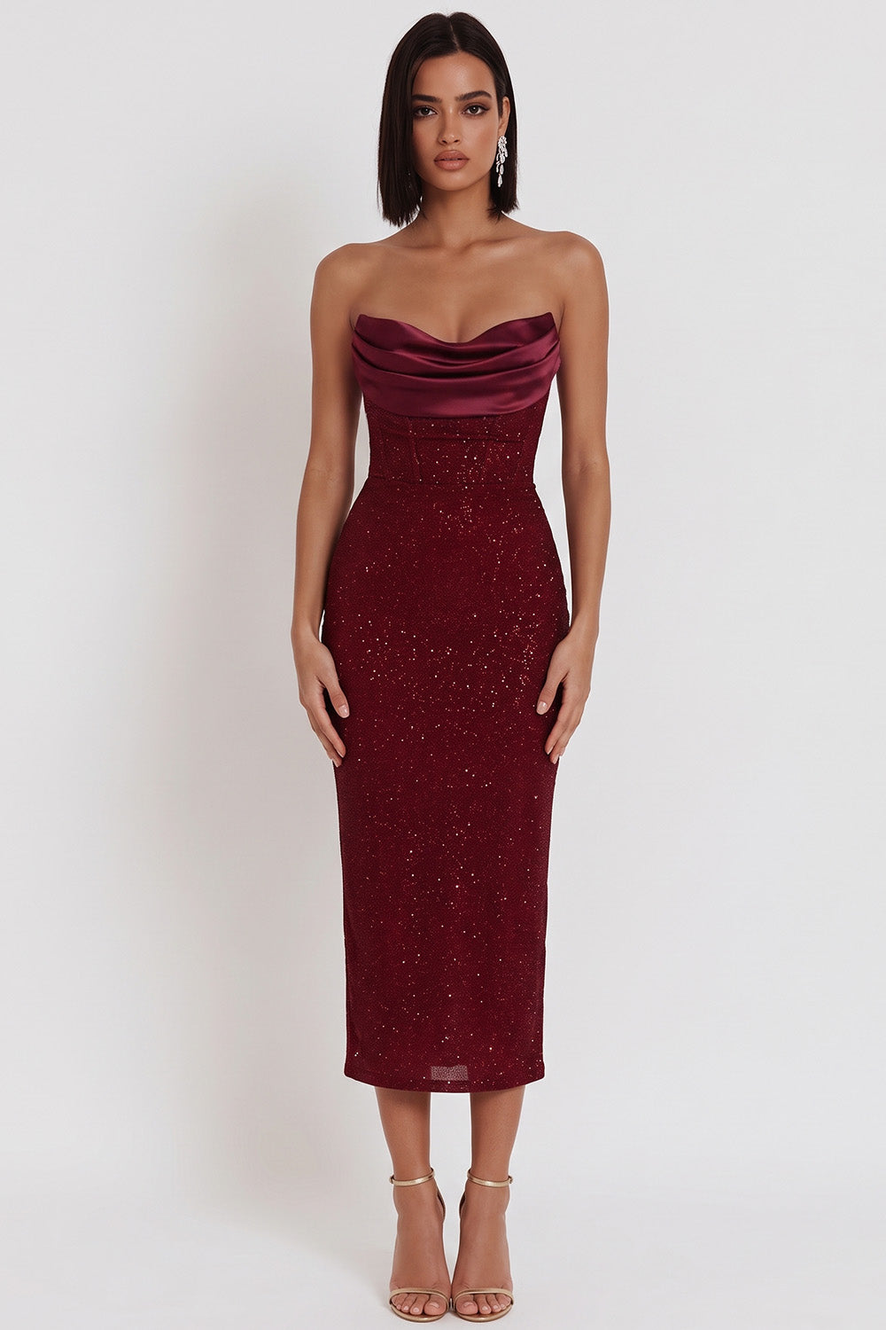 Glitter Burgundy Bodycon Strapless Ruched Midi Cocktail Dress