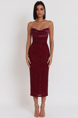 Glitter Burgundy Bodycon Strapless Ruched Midi Cocktail Dress