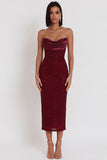 Glitter Burgundy Bodycon Strapless Ruched Midi Cocktail Dress