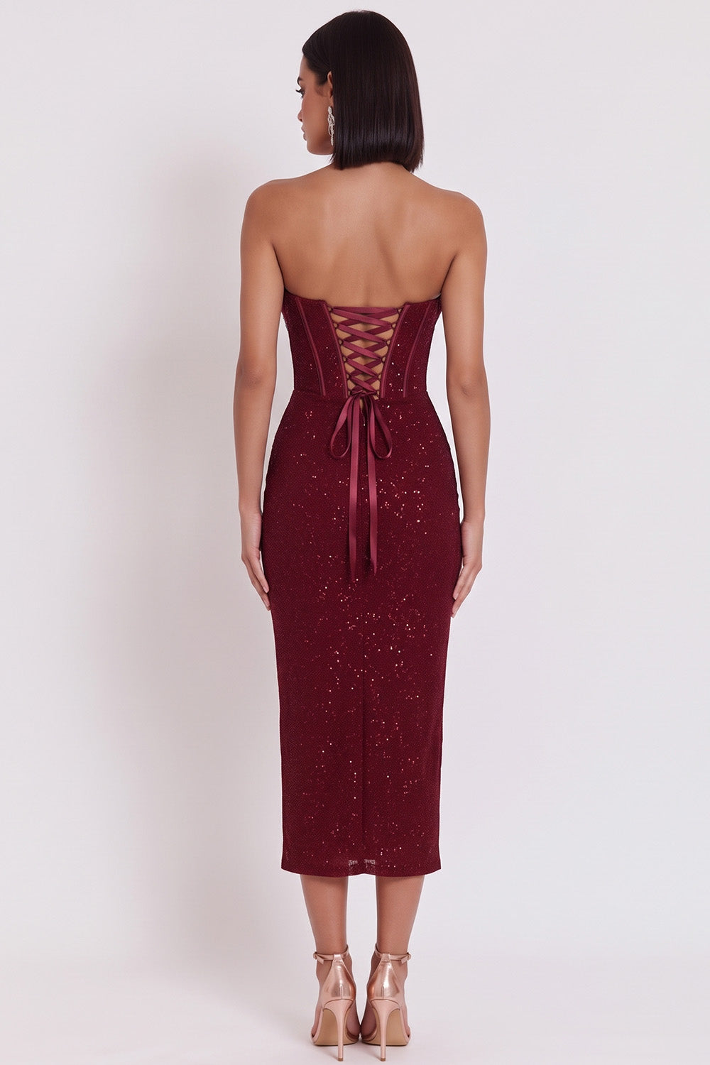 Glitter Burgundy Bodycon Strapless Ruched Midi Cocktail Dress