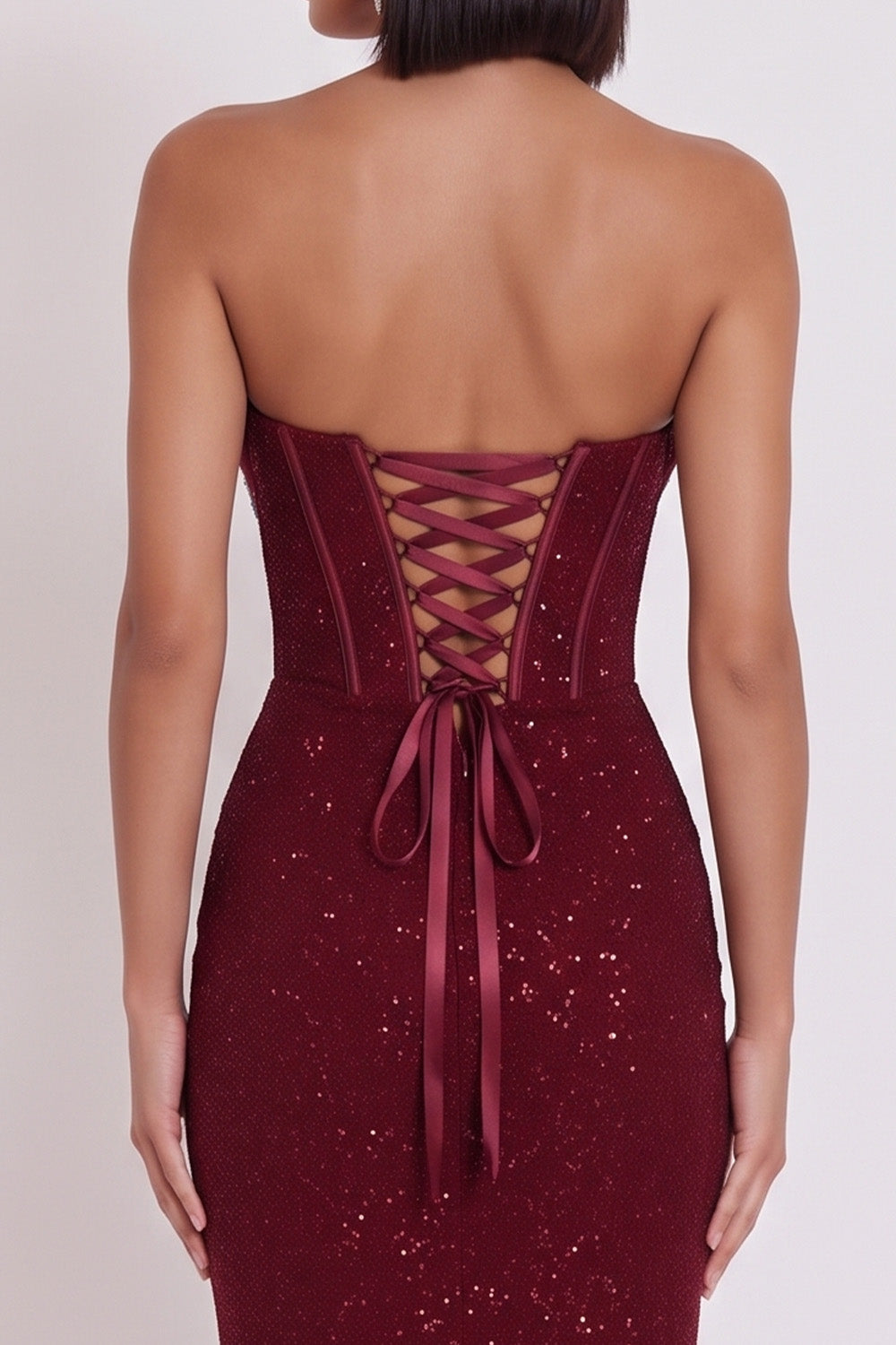 Glitter Burgundy Bodycon Strapless Ruched Midi Cocktail Dress