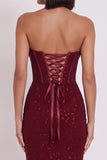 Glitter Burgundy Bodycon Strapless Ruched Midi Cocktail Dress