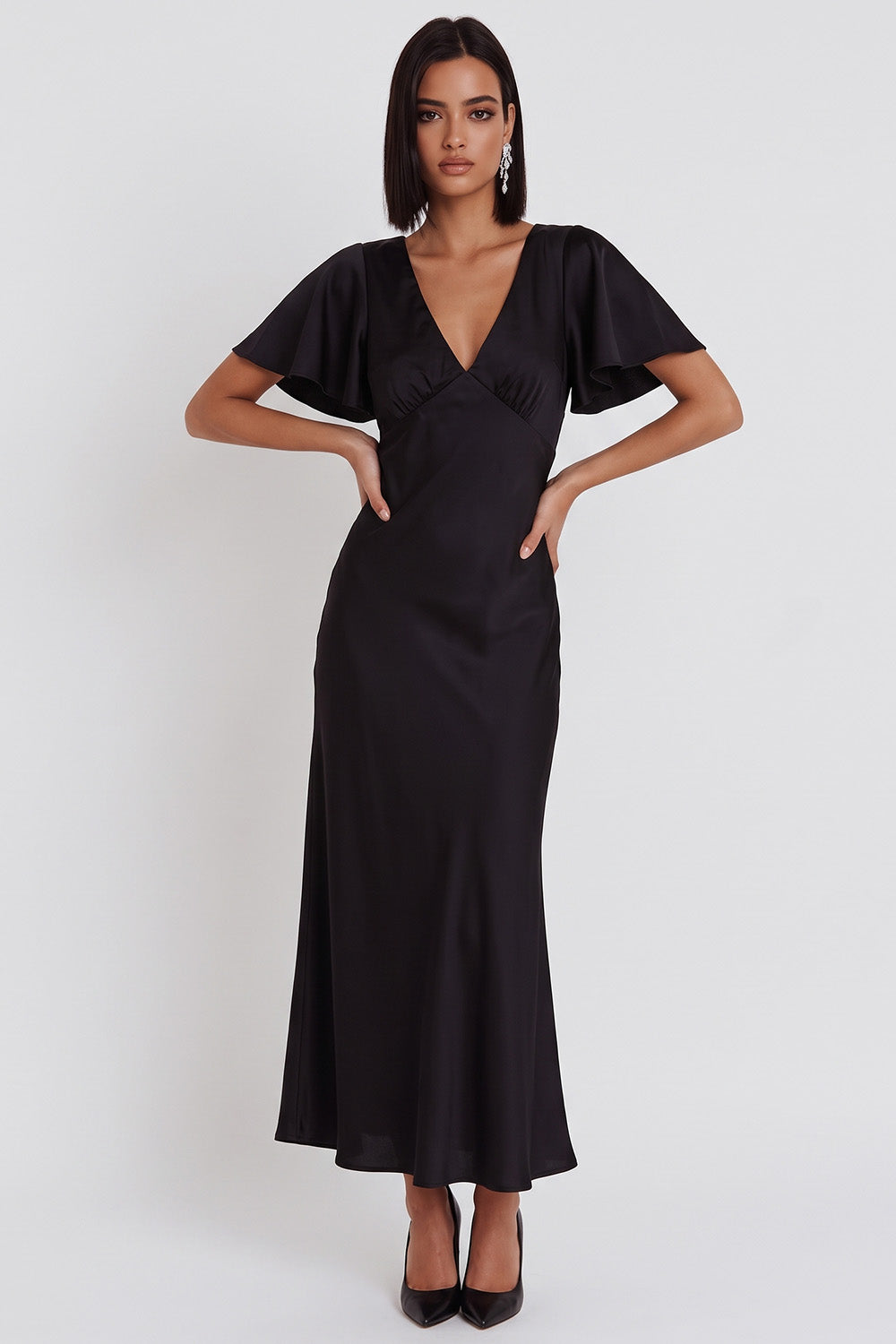 Simple Black Satin V-Neck Flare Sleeves Midi Cocktail Dress