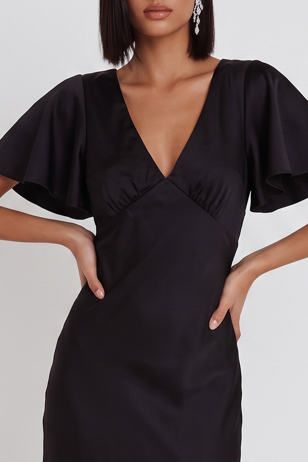 Simple Black Satin V-Neck Flare Sleeves Midi Cocktail Dress