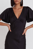 Simple Black Satin V-Neck Flare Sleeves Midi Cocktail Dress